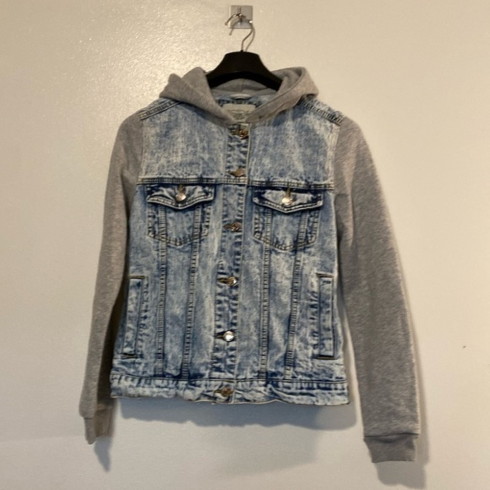 Ashley Vintage charm denim washed pocket hoody sweatshirt sleeve jean jacket …